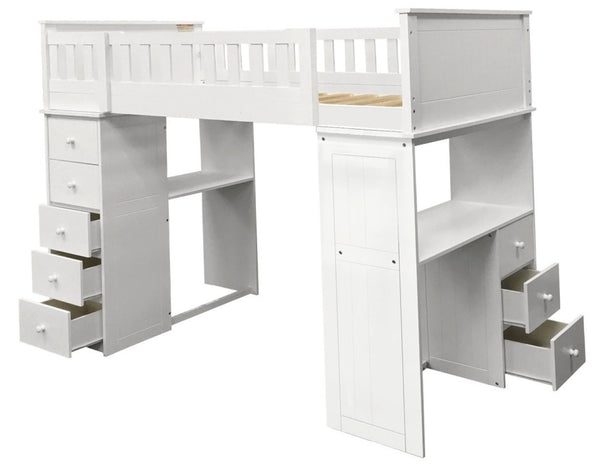 English Elm White Twin Loft Bed With Integrated Desk & 5-Drawer Chest – Space-Saving Design For Kids & Teens B062S00580-GIGA