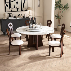 English Elm Modern Marble Dining Table With Lazy Susan, 59" Sintered Stone Top & Walnut Base For 6-8 People W2700S00013