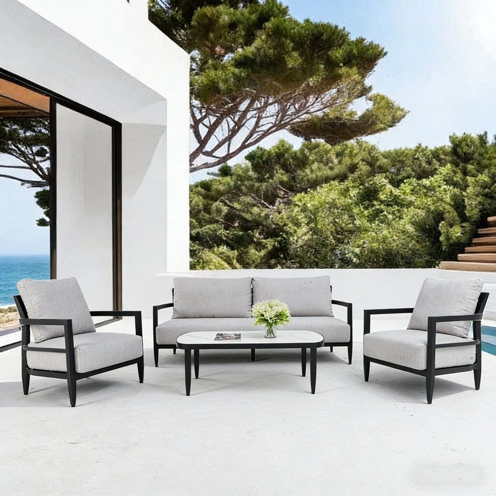 English Elm 4pc Outdoor Patio Set Sintered Stone Table Sunbrella Cushions Aluminum Frame W1886S00040