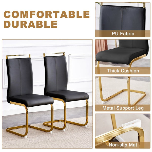 English Elm Table Set - Luxurious Pandora Patterned Dining Table With 8 Black Pu Chairs & Golden C-Shaped Legs W1151S03234-GIGA