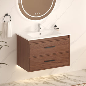 English Elm 30" Wall Mounted Bathroom Vanity Reddish Brown Mdf Two Soft Close Drawer Ceramic Sink W3133S00021