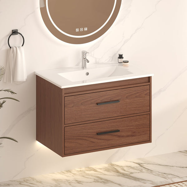English Elm 30" Wall Mounted Bathroom Vanity Reddish Brown Mdf Two Soft Close Drawer Ceramic Sink W3133S00021