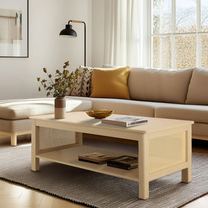 JLA Home 510 Design - 2-Tier Coastal Modern Coffee Table with Rattan Sides, Oak Finish, Open Shelf Storage & 75 lb Capacity FUR120-0054