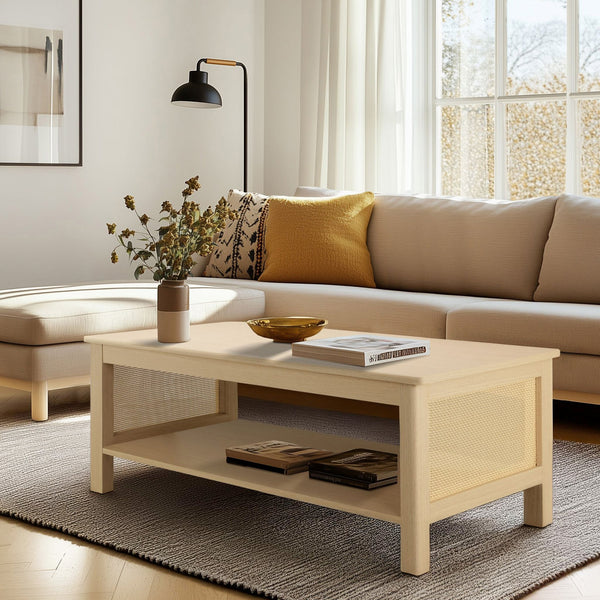 JLA Home 510 Design - 2-Tier Coastal Modern Coffee Table with Rattan Sides, Oak Finish, Open Shelf Storage & 75 lb Capacity FUR120-0054