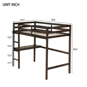 English Elm Twin High Loft Bed with Built-In Desk & Ladder, Espresso Rubberwood, Safety Guardrail, Space-Saving 90 W504P283513