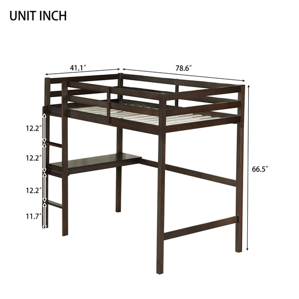 English Elm Twin High Loft Bed with Built-In Desk & Ladder, Espresso Rubberwood, Safety Guardrail, Space-Saving 90 W504P283513
