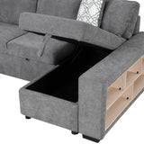 English Elm 109" U-Shaped Sectional Sofa Pull-Out Sofa Bed With Two Usb Ports, A Storage Chaise Lounge and Four Back Pillows For Living Room, Grey