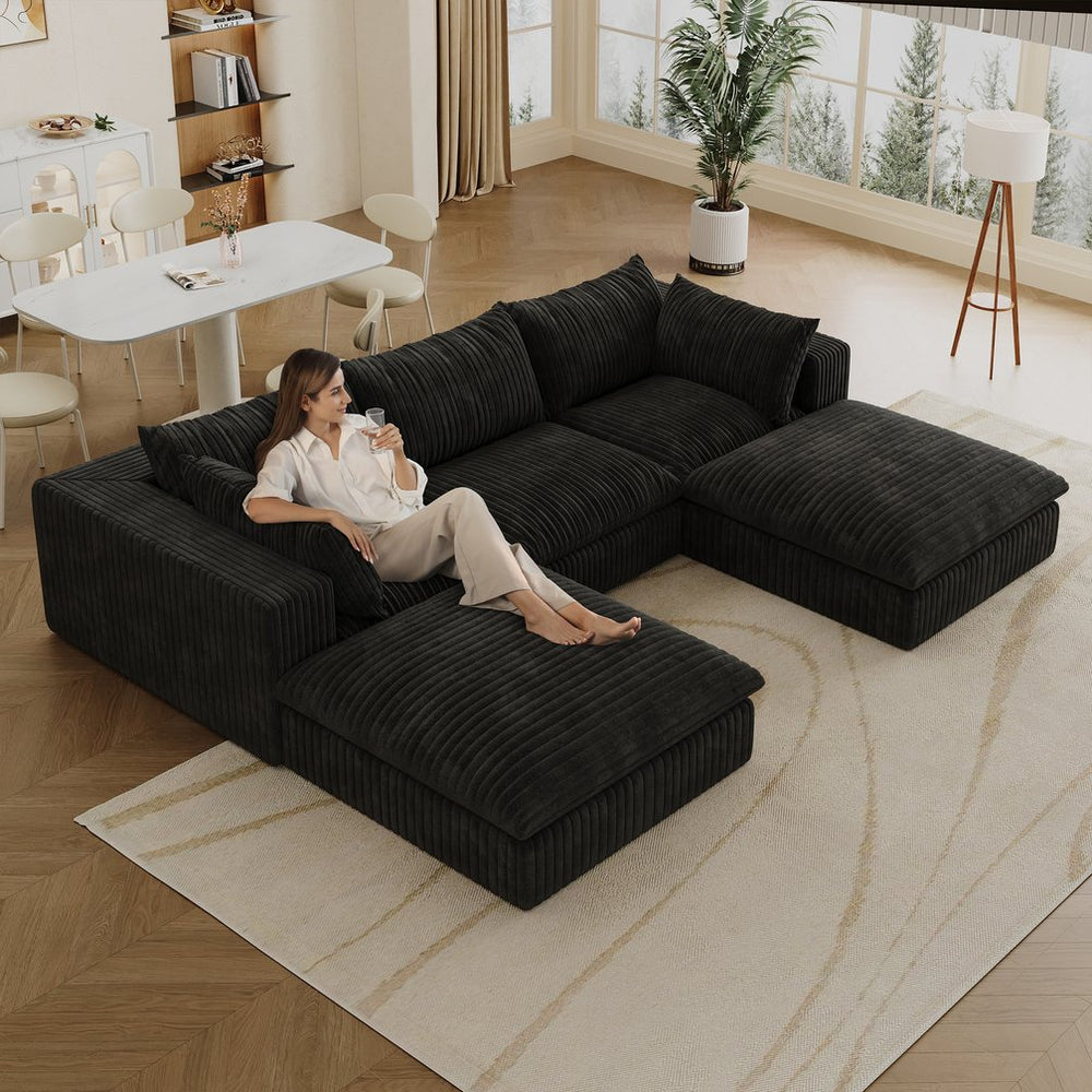 English Elm 118.2" Modular Cloud Sofa Corduroy Upholstered Deep Seat Lounge for Living Room Black W2824S00182