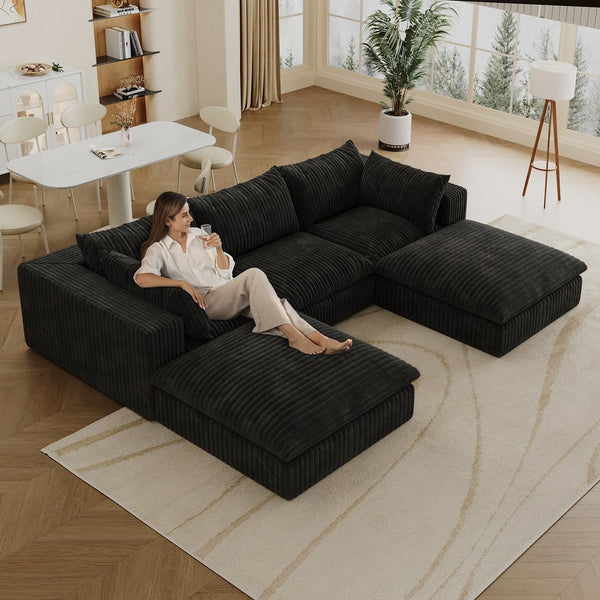 English Elm 118.2" Modular Cloud Sofa Corduroy Upholstered Deep Seat Lounge for Living Room Black W2824S00182