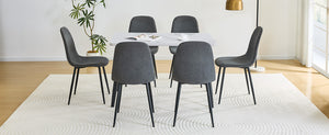 English Elm Table and Chair Set Marble Look Glass Top Modern Dining for Six with Gray Linen Seats W1151S04625