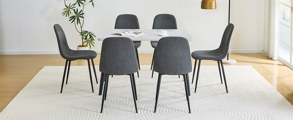English Elm Table and Chair Set Marble Look Glass Top Modern Dining for Six with Gray Linen Seats W1151S04625