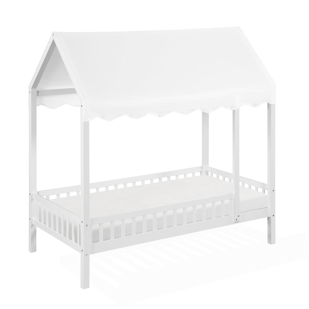 English Elm Gray Finish Canopy Platform Bed Scalloped Fabric Cover Solid Wood Twin Frame White B011P463889