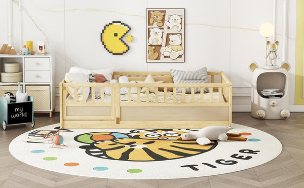 English Elm Twin Size Floor Bed With High Security Barrier & Child-Safe Door - Montessori Natural Wood Frame W1858P197426-GIGA