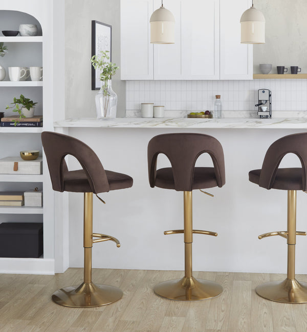 English Elm Adjustable Swivel Barstools Set of 2 White Fabric Padded Seats Chrome Base Espresso B202S01955