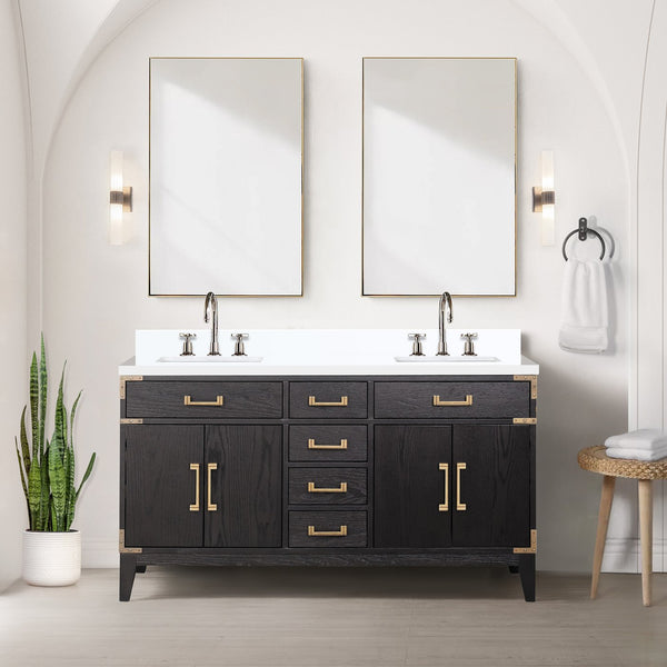 English Elm Black Oak Double Bath Vanity With Cultured Marble Top, Chrome Faucet & Ample Storage Solutions B2731P260942