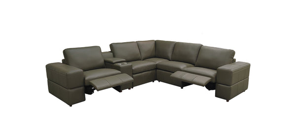 English Elm Premium Leather Match Sectional with Dual Recliners Cup Holders and Storage Console Olive Green B2748S00157