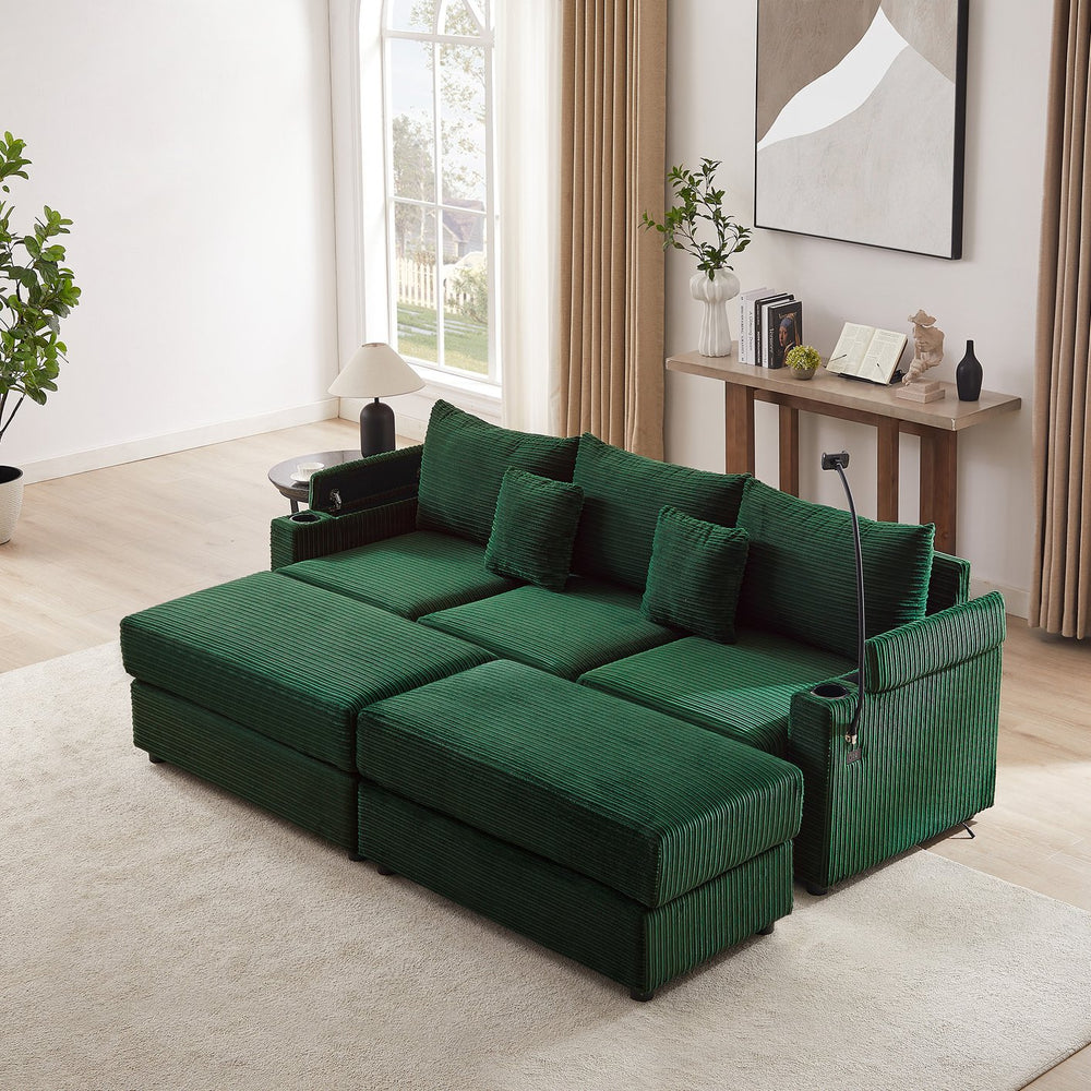 English Elm 95.3" Versatile 3-Seater Sectional Sofa With Smart Storage, Usb Ports, Cup Holders & Ottomans, Green N719S001613F