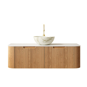 English Elm Dina Floating Bathroom Vanity with Crystal Glass Basin and Sintered Stone Top Natural Wood,White W2615S00695