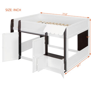 English Elm Twin House Loft Bed with Pull Out Rolling Desk Stair Drawers and Cabinet Storage Espresso+White N820S00074P