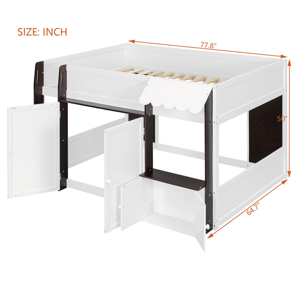 English Elm Twin House Loft Bed with Pull Out Rolling Desk Stair Drawers and Cabinet Storage Espresso+White N820S00074P