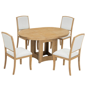 English Elm TOPMAX Solid Wood Extendable Round Dining Set for Small Spaces with 16" Removable Leaf and Cushioned Chairs Natural+Beige SP000091AAN