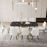 Hearth and Haven Large Modern Minimalist Rectangular Dining Table with 0.39 "Imitation Marble Black Tabletop and Golden Metal Legs, Paired with Chairs with Leatherette Cushions and Black Metal Legs. F-1537 C-007 W1151S00878 W1151S00878