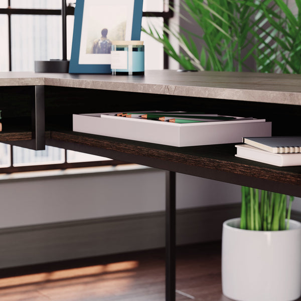 English Elm L-Shaped Desk In Warm Brown Finish, Stylish Corner Workspace With Hidden Storage & Durable Frame B356P367862
