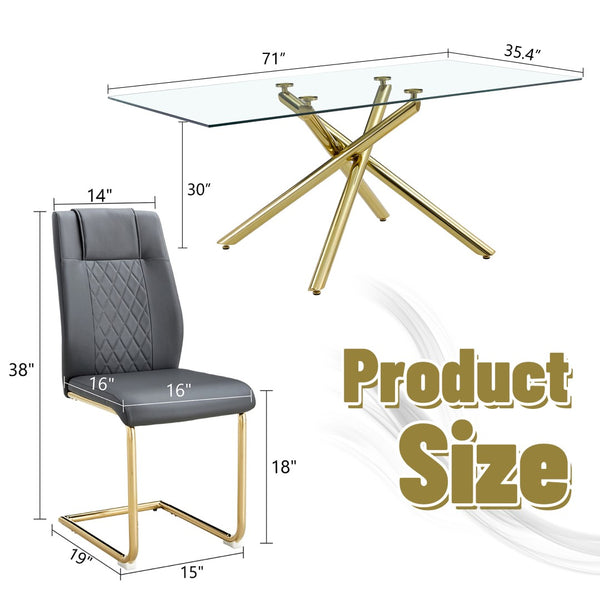 English Elm Table Modern Luxurious Transparent Glass Dining Set With 8 Dark Gray Pu Chairs & Gold Legs W1151S02592-GIGA