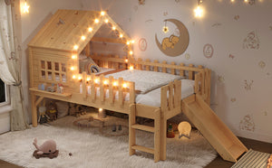 English Elm Twin Playhouse Loft Bed Solid Pine Frame with Slide Led Lights and Star Roof Natural W5316S00002