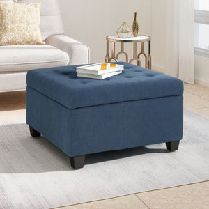 English Elm Upholstered Waffle Tufted Storage Ottoman with Birch Legs for Modern Living Rooms Navy Blue N757P377356N