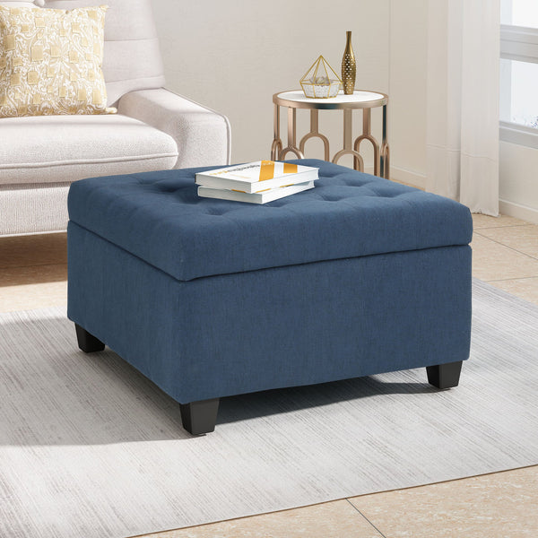 English Elm Upholstered Waffle Tufted Storage Ottoman with Birch Legs for Modern Living Rooms Navy Blue N757P377356N