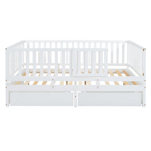 English Elm Full Size Pinewood Kids Daybed with Fence Rails Split Floor Bed and Storage Drawers White LP100882AAK