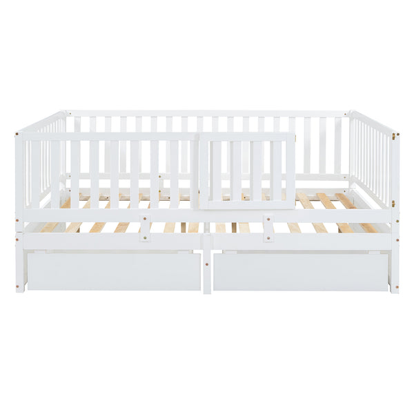 English Elm Full Size Pinewood Kids Daybed with Fence Rails Split Floor Bed and Storage Drawers White LP100882AAK