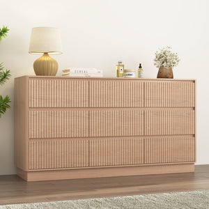 English Elm 9 Drawer Mid Century Wood Dresser Low Profile Matte Finish Bedroom Storage Cabinet Natural W409S00012