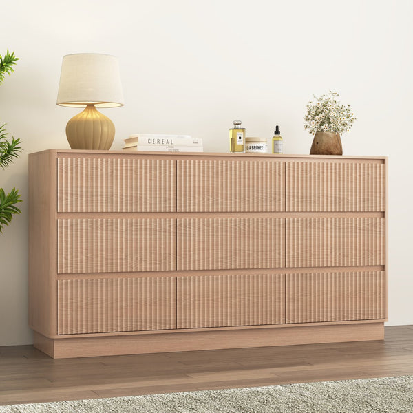 English Elm 9 Drawer Mid Century Wood Dresser Low Profile Matte Finish Bedroom Storage Cabinet Natural W409S00012