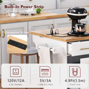 English Elm K&K Vintage Kitchen Island with Rubberwood Top, Hidden Wheels, Pull-Out Trash & Charging Station White N707P299014W