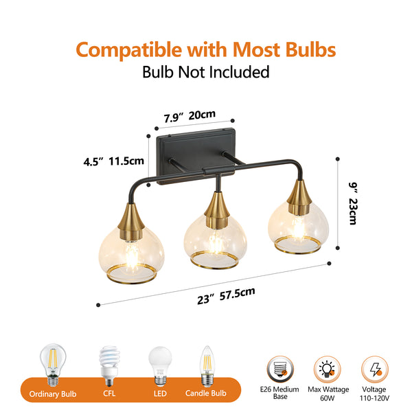 English Elm 23" Modern Crystal Bathroom Vanity Light 4-Light Wall Sconce with Clear Glass Shades, Elegant Iron Finish Black+Gold W2312P374980