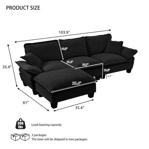 English Elm Modular Chenille Cloud Sectional with Sculptural Curved Arms and Movable Ottoman W3163S00117