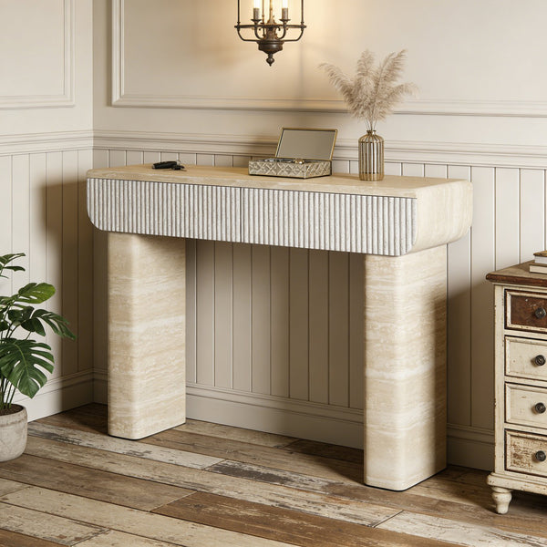 English Elm Entryway Console Table with Fluted Drawers Woodgrain Finish for Hallway or Living Room W3040P428693