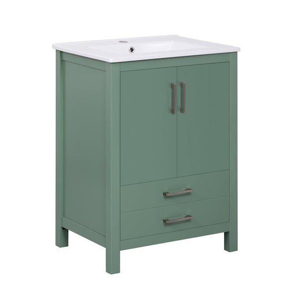 English Elm 24'' Green Bathroom Vanity with Ceramic Sink Combo — Modern Freestanding MDF & Solid Wood Storage, Soft-Close Doors, Silver Handles N710P228364F