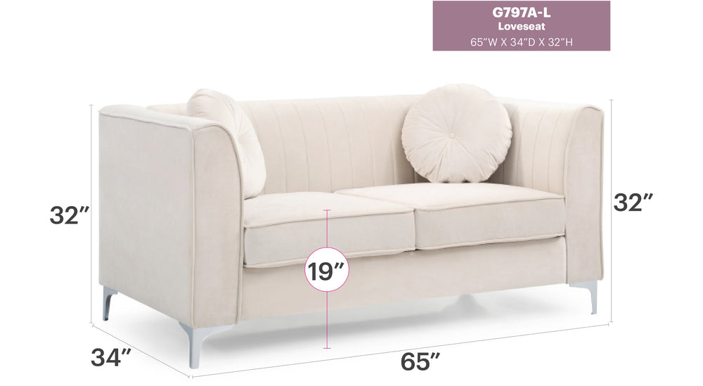 English Elm Ivory Velvet Contemporary Loveseat for Two — 32"H x 65"W Spacious 24" Seat Depth, Sloped Arms Comfort B078S00084