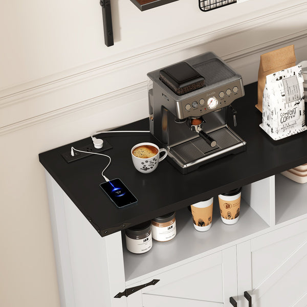 English Elm U_style 59 Inch Sideboard Buffet with Built in Power Outlets Open Cubbies Metal Accents White+Black N711P347407K
