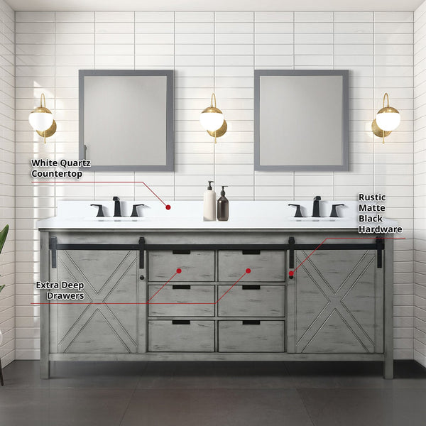 English Elm Ash Grey Double Bath Vanity With White Quartz Top, Matte Black Fixtures & 30" Mirrors For Modern Style B2731S01077