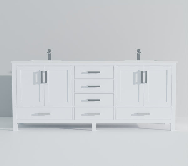 English Elm White Double Bath Vanity 80 in W x 22 in D with White Quartz Top, Soft-Close Drawers & Chrome Faucet Set B2731P259122