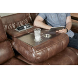 English Elm Achern Brown Leather-Air Nailhead Manual Reclining Sofa and Loveseat With Storage Console and Usb Port