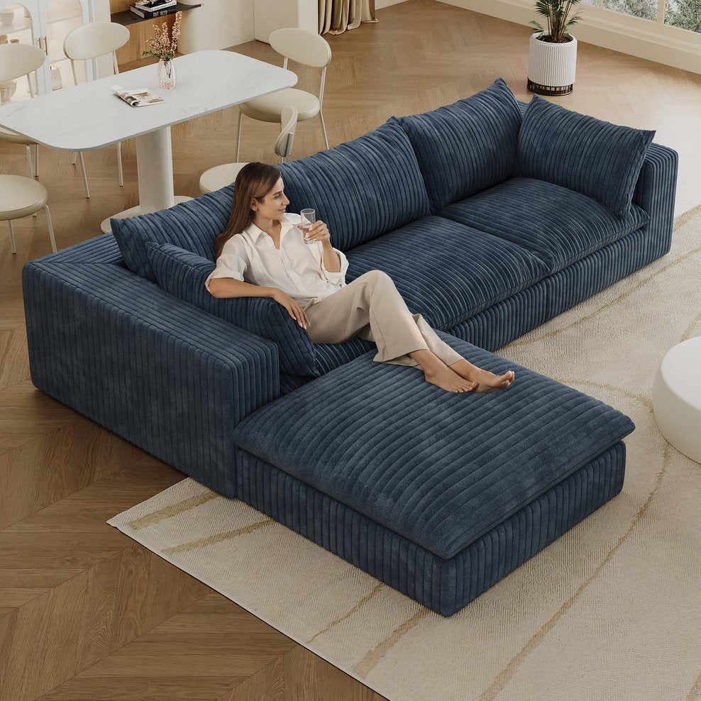 English Elm 118.2" Modular Cloud Sofa Corduroy Upholstered Deep Seat Lounge for Living Room Blue W2824S00153