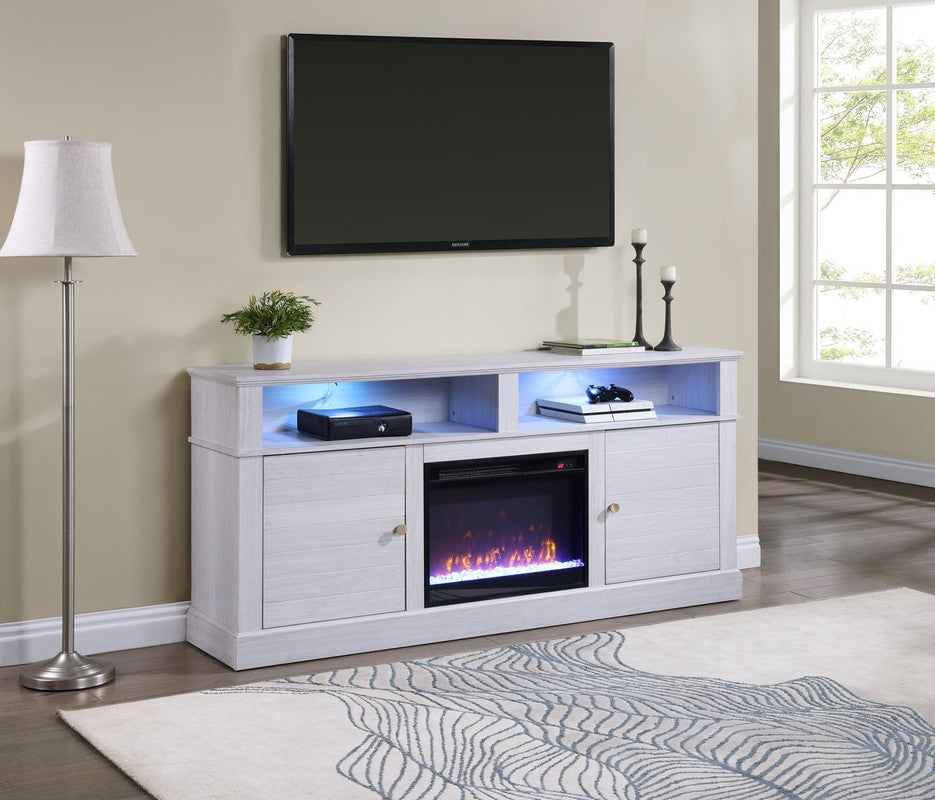 English Elm Tropea 58 Inch Open Shelf Media Console with Oak Finish and Cord Management B2749P413261