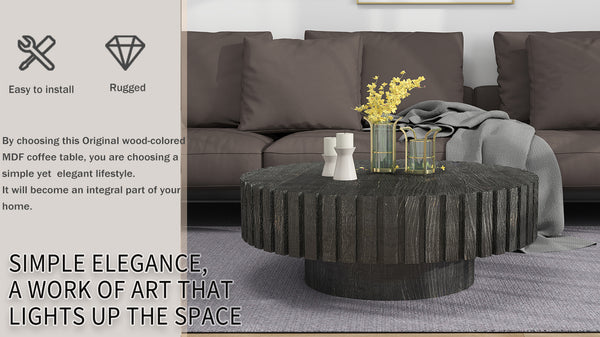 English Elm Modern Circular Black Coffee Table, 31.4-Inch Natural Wood Design For Living, Study & Dining Rooms W1727P251153