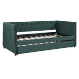 English Elm Twin Size Tufted Upholstered Daybed With Trundle, Velvet Sofabed With Rivet Design, No Box-Spring Needed,Green