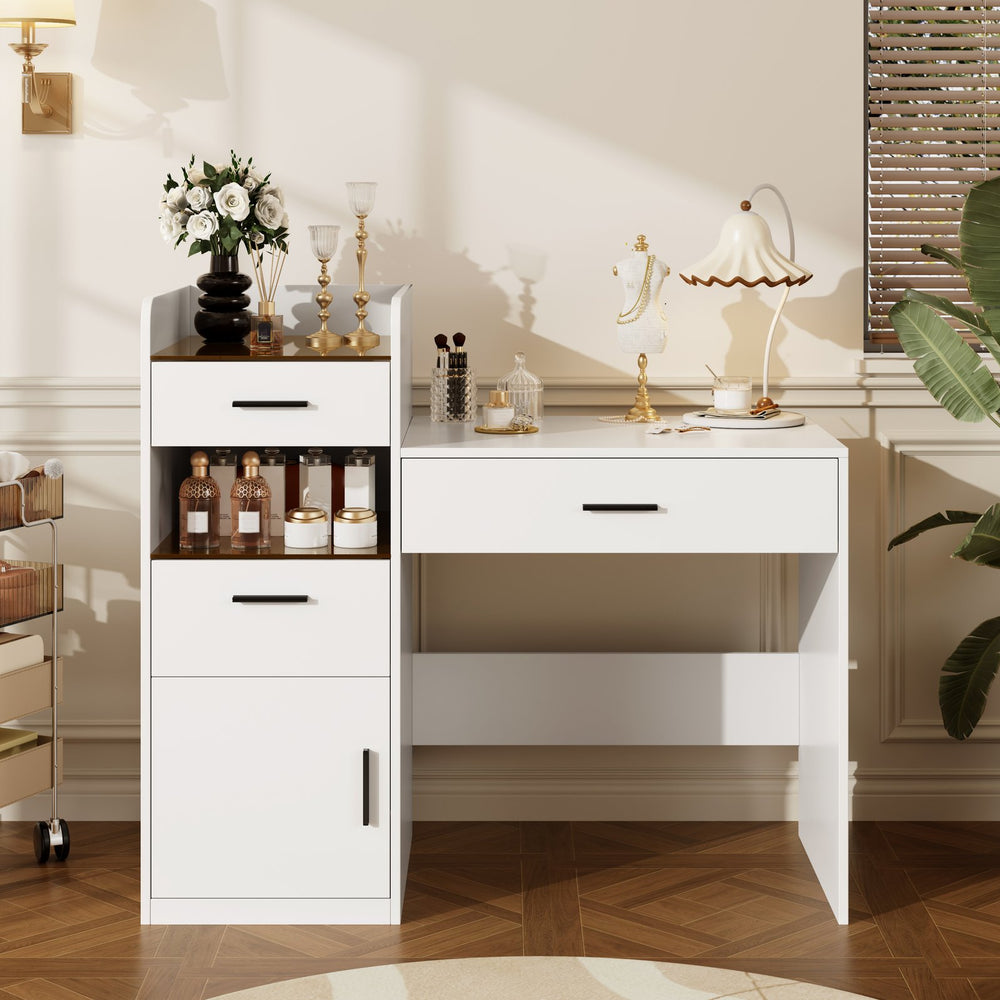 English Elm 3-in-1 Vanity Desk Flip Mirror Glass Top Hidden Storage Compact White Bedroom N704P391337K
